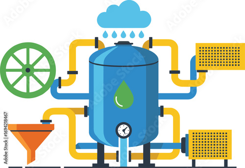 Colorful water filtration system, industrial filter illustration, clean water process, pipe network, green technology, rainwater system, eco design, fluid control
