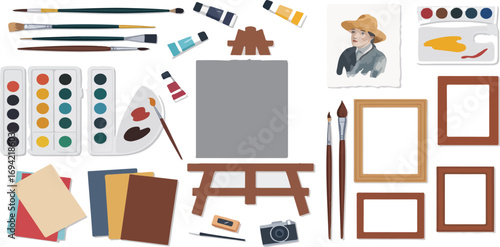 An assortment of painting supplies and art related accessories