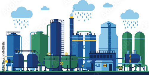 Industrial chemical plant with large storage tanks, pipes, rain clouds, environmental impact, manufacturing facility, factory infrastructure, energy production, pollution control