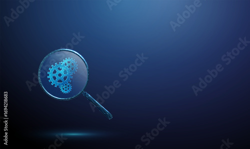 Gears under a magnifying glass. Process analysis, automation, system optimization, quality control, efficiency, diagnostics, algorithm testing concept.