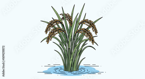 Illustration showcasing paddy rice stalks growing in a water field symbolizing agriculture and food production, in minimal art style