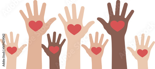 Diverse hands raised with hearts illustration on white background