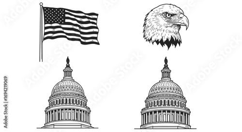 American symbols isolated on white background flag, eagle, and capitol buildings, representing patriotism and national identity in a monochrome illustration