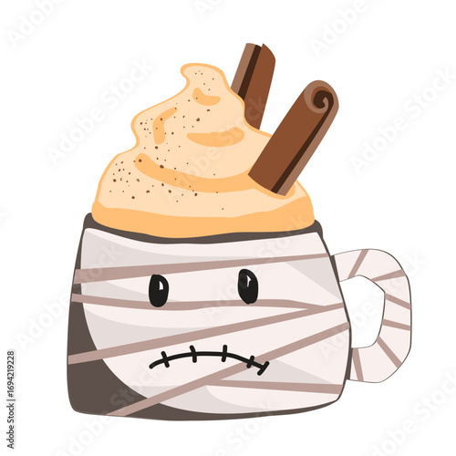 Pumpkin spice lattei n a funny mummy monster mug. Vector isolated illustration