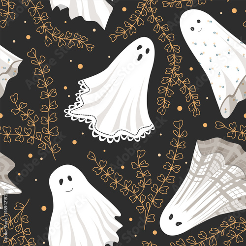 Floral hand drawn pattern with ghosts. Fall and Halloween background, vector illustration.