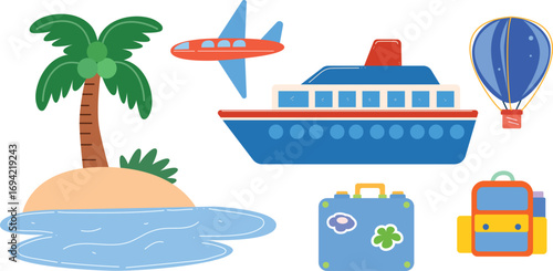 Bright Travel Vacation Set Cartoon Style Tropical Island Palm Tree Airplane Cruise Ship Hot Air Balloon Suitcases Backpack Luggage Summer Holiday Adventure Tourism Destination