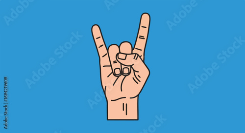 Cartoon illustration of a hand making the rock and roll sign on a blue background hand gesture symbolizing rock music and attitude