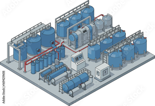 Industrial water treatment plant system, filtration tanks, chemical processing, machinery, piping, valves, pumps, modern technology, clean water, wastewater management.