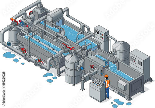 Isometric industrial water filtration system vector, clean water process, wastewater treatment, operator monitoring, 3D engineering illustration