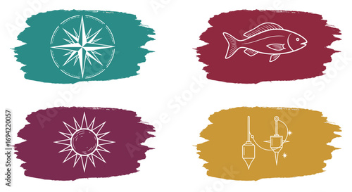 Watercolor icons isolated on white background compass, fish, sun, and lantern, representing navigation, nature, light, and guidance in a colourful design