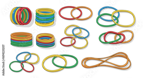 Vibrant assortment of rubber bands, arranged in colorful stacks and intricate interwoven patterns, showcasing texture and visual appeal in a simple