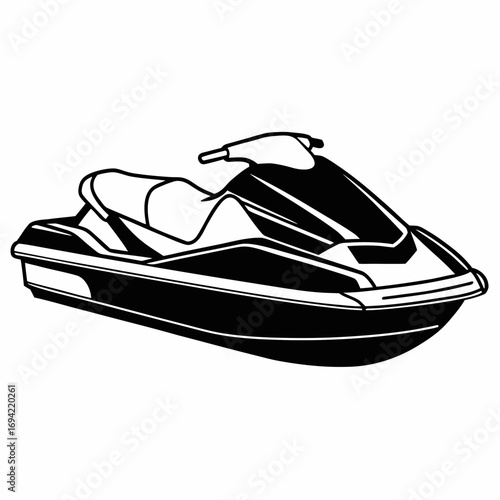 A striking black and white illustration of a modern jet ski a personal watercraft designed for recreational use on water bodies