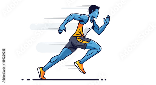 Dynamic vector illustration depicting a blue-skinned athlete sprinting with speed lines showing motion and power in a minimalist style
