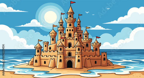 Whimsical seaside scene showcasing a magnificent sandcastle under a radiant sky with clouds and sea birds