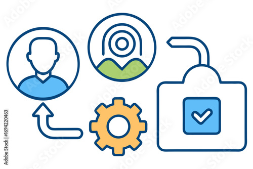 Abstract illustration of user profile location data and secure data processing with a gear and checkmark icon