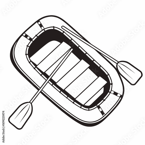 Black and white illustration of an inflatable raft with two oars ready for an adventure on the water