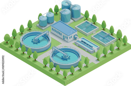 Isometric water treatment plant vector, clean water facility, filtration system, wastewater recycling, eco-friendly infrastructure, 3D illustration