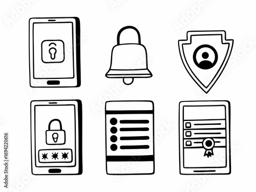 Collection of hand drawn black and white icons representing mobile app features including security notifications user profiles and task lists