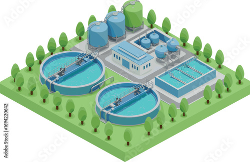 Isometric water treatment plant vector, clean water facility, filtration system, wastewater recycling, eco-friendly infrastructure, 3D illustration