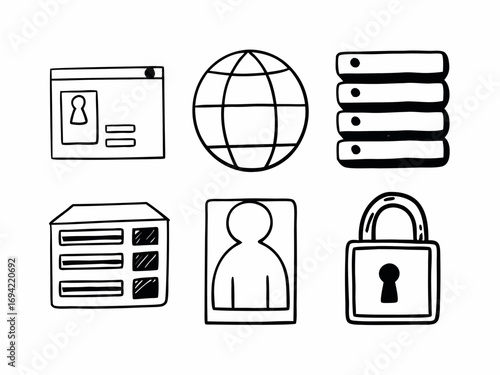 Collection of hand drawn doodle icons representing internet security data storage user profiles and global connectivity concepts