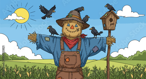 Whimsical scarecrow amidst a verdant field with cheeky crows under the sunny blue sky creating a rustic farm scenery full of playful charm