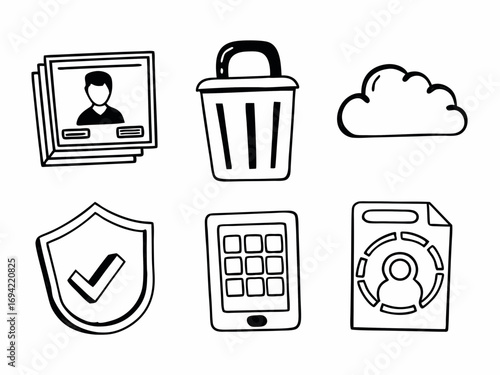 Collection of hand drawn doodle icons representing user profiles trash bin cloud storage security shield mobile device and document with user data