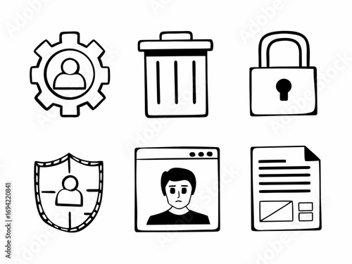 Collection of hand drawn doodle icons representing user settings security privacy data management and deletion concepts