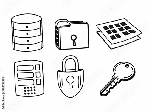Collection of hand drawn icons representing data security privacy access control and digital protection concepts