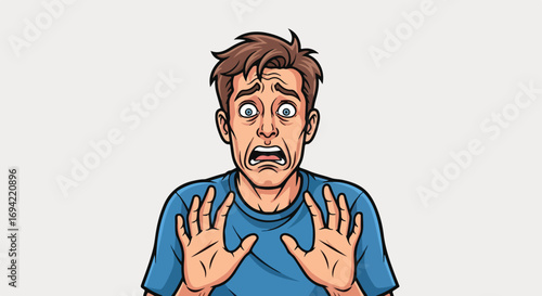 Cartoon illustration depicting a man expressing fear and distress with wide eyes and open hands and a worried expression on his face