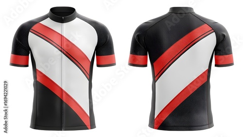 Dynamic cycling jersey mockup template featuring a modern black, white, and red diagonal stripe design, ideal for sportswear branding and apparel presentations