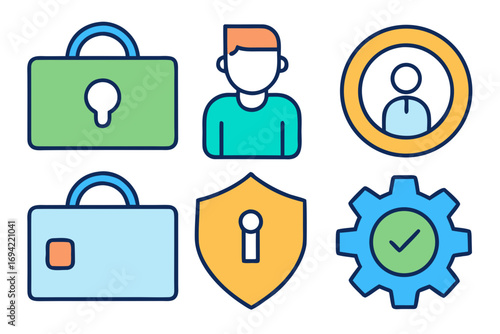 Collection of modern flat design icons representing security privacy user profile and operational efficiency in business and technology concepts