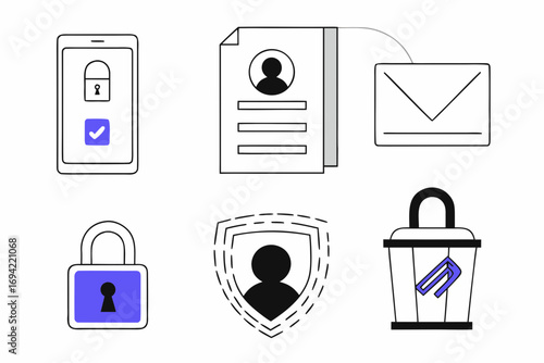 Collection of modern flat icons representing digital security concepts including locked smartphone profile document and secure envelope