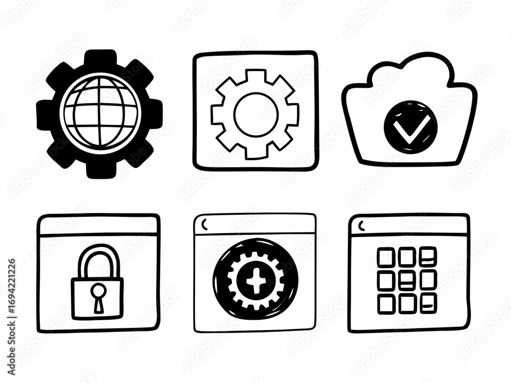Fototapeta premium Collection of six simple hand drawn doodle icons representing settings security cloud and application interface elements