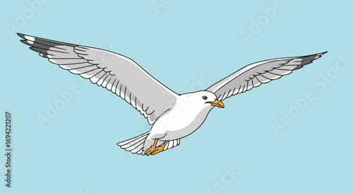 Digital Illustration of a Seagull in Flight Against a Light Blue Sky Representing Coastal Birdlife and Freedom Portrayed Through Artistic Design