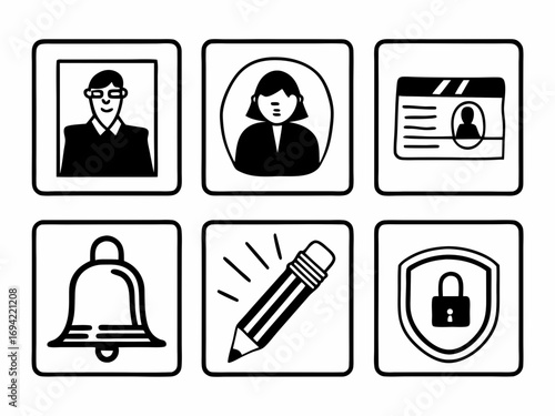Collection of six simple black and white icons representing user profile identification notification writing and security concepts