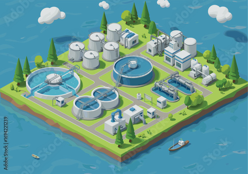 Modern water treatment plant, wastewater processing facility, clean water technology, industrial water purification