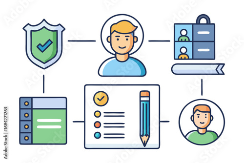 Conceptual diagram illustrating a secure online process involving user verification task completion and remote collaboration with a checklist and shield icon