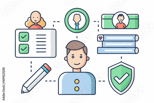 Conceptual illustration of a person s profile and data management with icons representing tasks security and user information