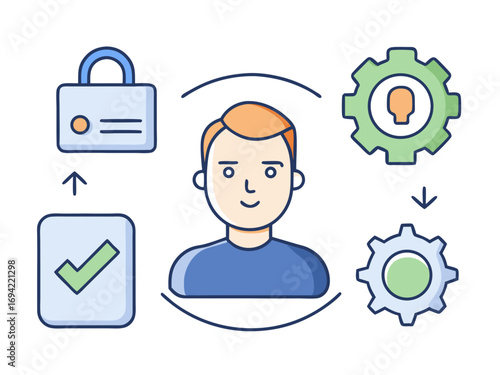 Conceptual illustration of a person interacting with security and workflow processes including a lock checkmark and gears