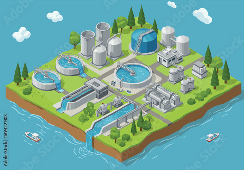 Modern water treatment plant, wastewater processing facility, clean water technology, industrial water purification