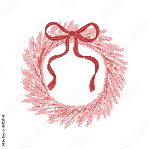 Christmas wreath made of pink fir branches decorated with white berries and red ribbon bow. Hand drawn vector isolated illustration. Winter holiday decoration. Design for greeting card, invitation