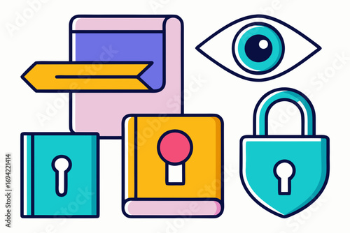 Conceptual illustration of data security and privacy protection with icons representing access control surveillance and locked information