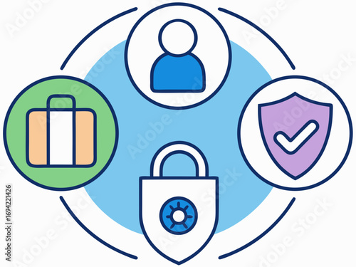 Conceptual illustration of personal data security and protection with icons representing a person luggage a shield with a checkmark and a padlock