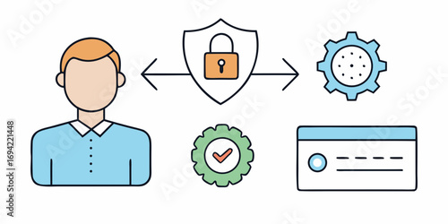 Conceptual illustration of user data security and privacy protection with lock shield and gears representing processes and approval