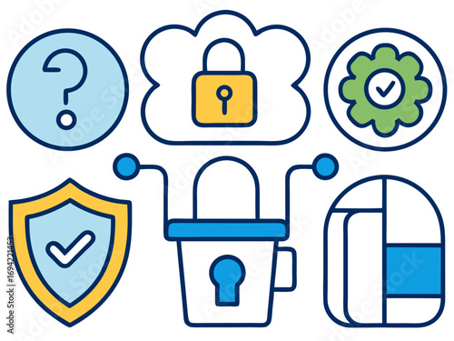 Cybersecurity and data protection concepts illustrated with icons including a question mark cloud lock shield gear and abstract data