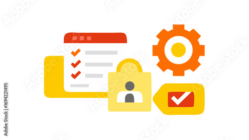 Digital checklist with completed tasks user profile lock and gear icon symbolizing process and efficiency