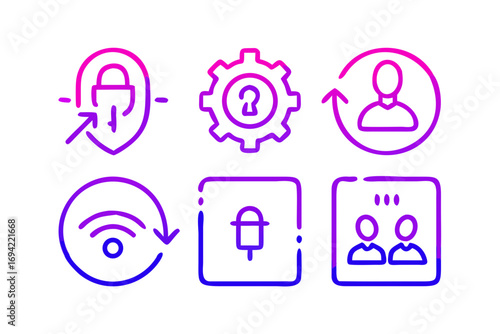 Digital security and connectivity icons including login shield wifi microphone and user profile with gradient colors on black background