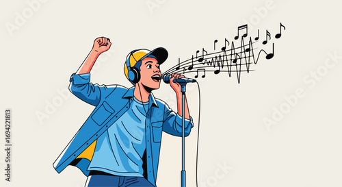 Passionate performance: Energetic young musician singing into a microphone radiating musical notes with enthusiasm and wearing headphones, conveying