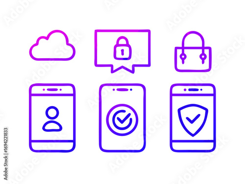 Digital security and privacy icons including cloud storage locked message secure bag user profile verified checkmark and shield protection on smartphones