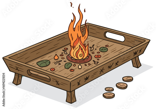 An ancestral offering tray with flames and stones rests on a wooden surface. A mystical scene, perfect for fantasy, occult, or ritualistic themes.  Dramatic and visually striking.